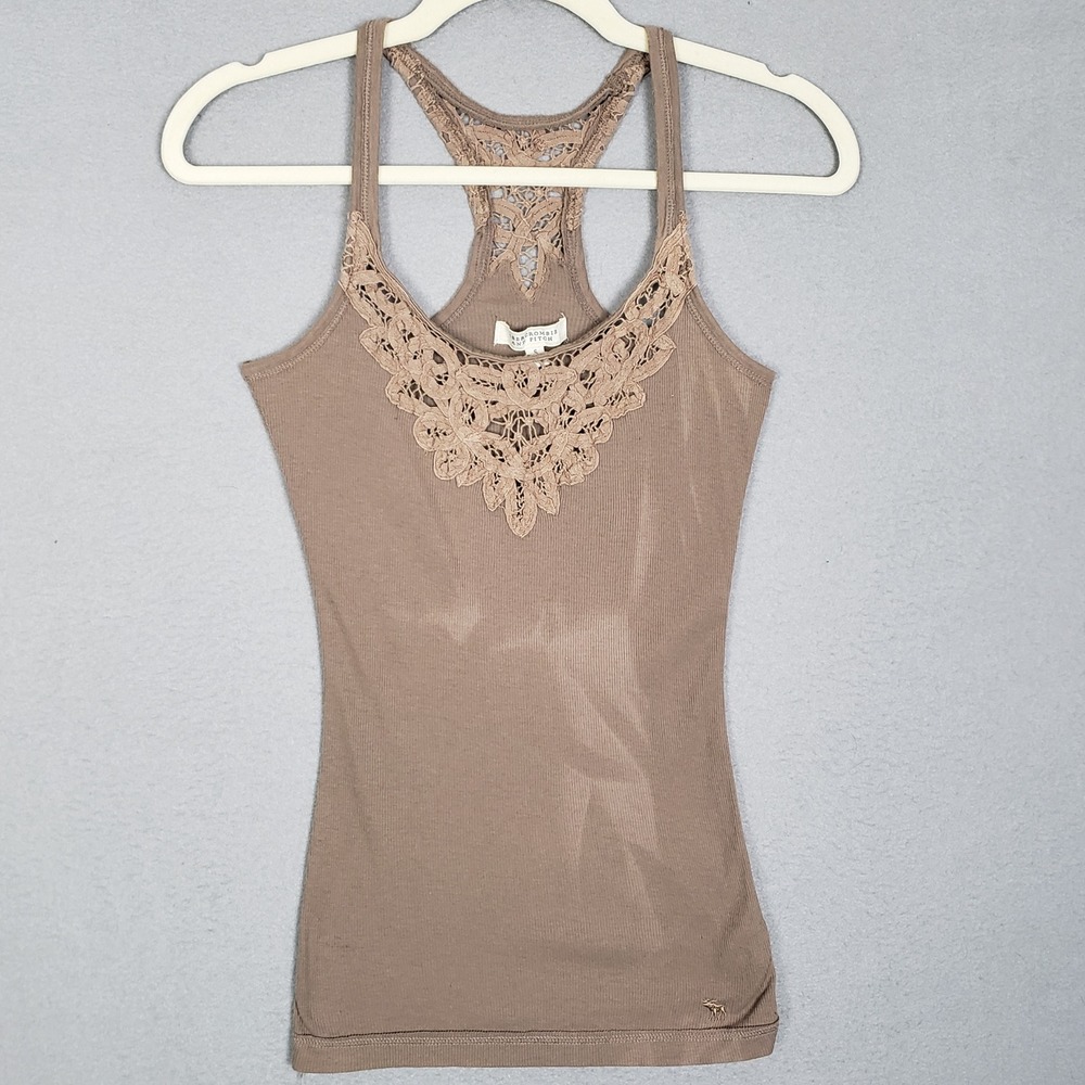 VTG Abercrombie & Fitch Lace Neck Racerback Tank Top Brown Ribbed Y2K Bella Swan